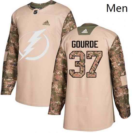 Mens Adidas Tampa Bay Lightning 37 Yanni Gourde Authentic Camo Veterans Day Practice NHL Jersey